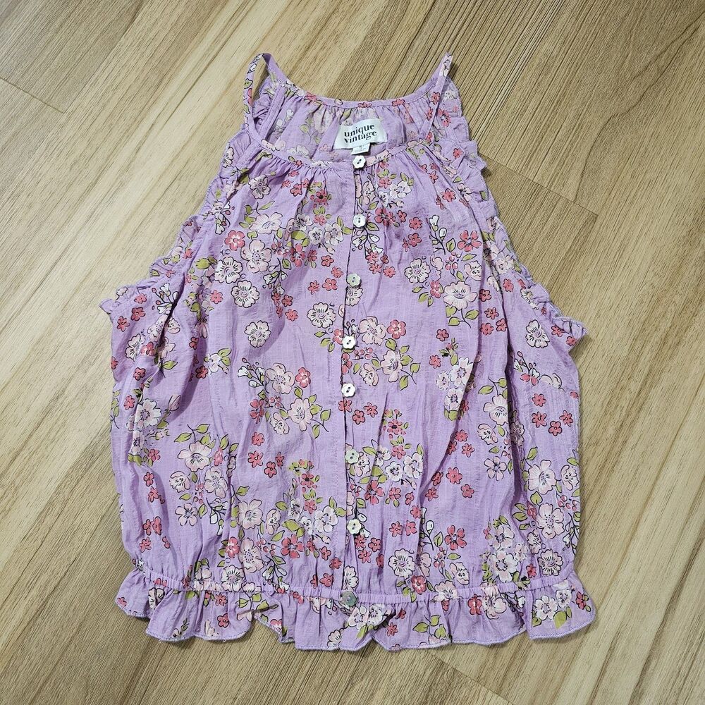 Unique Vintage Sweet Delight Purple Floral Ruffle Crop Tank‎ Buttons Small